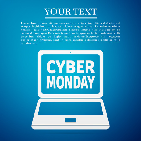 Laptop with Cyber Monday Sale text on screen flat icon over blue background. Vector Illustrationのイラスト素材