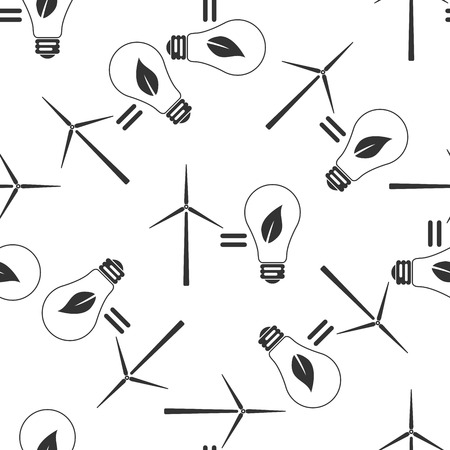 Wind turbine and bulb with leaves as idea of eco-friendly source of energy icon seamless pattern on white background. Vector Illustrationのイラスト素材