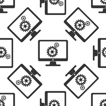 Monitor and gears icon seamless pattern on white background. Vector Illustrationのイラスト素材
