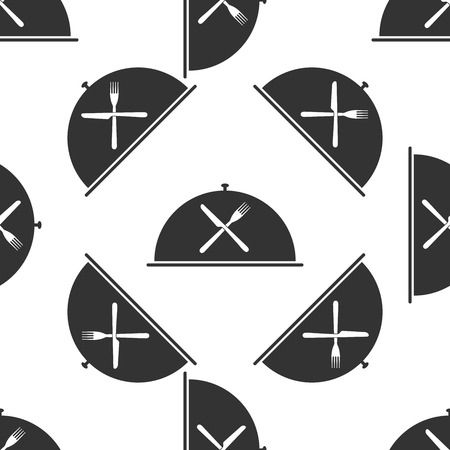 Restaurant icon with cloche and crossed fork and knife icon seamless pattern on white background. Vector Illustrationのイラスト素材