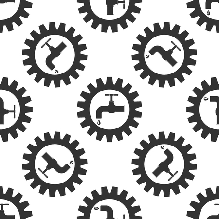 Gearwheel with tap sign as plumbing work logo icon seamless pattern on white background. Vector Illustrationのイラスト素材