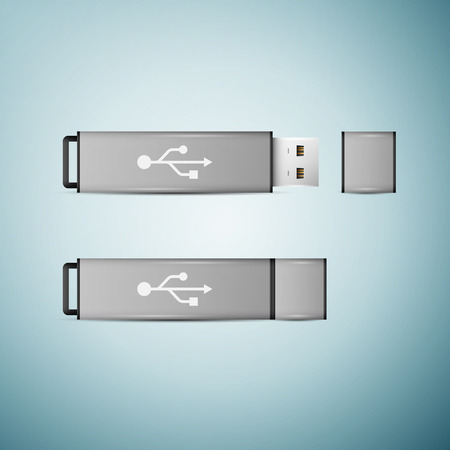 Grey USB flash drive icon isolated on blue background. Vector Illustrationのイラスト素材