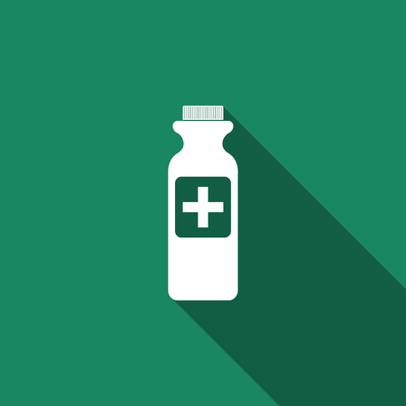 Bottle with medical pills flat icon with long shadow. Tablets symbol. Health care. Vector Illustration.のイラスト素材