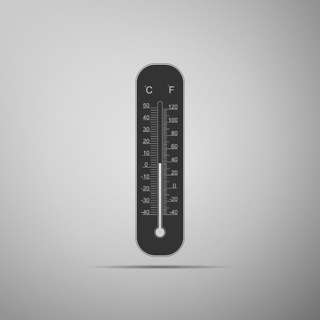 Celsius and fahrenheit meteorology thermometers measuring heat and cold icon isolated on grey background. Thermometer equipment showing hot or cold weather. Flat design. Vector Illustrationのイラスト素材
