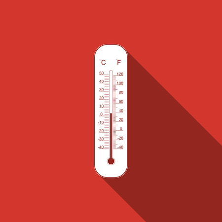 Celsius and fahrenheit meteorology thermometers measuring heat and cold icon isolated with long shadow. Thermometer equipment showing hot or cold weather. Flat design. Vector Illustrationのイラスト素材