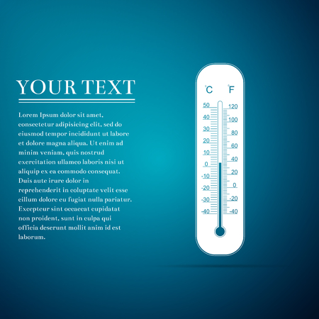 Celsius and fahrenheit meteorology thermometers measuring heat and cold icon isolated on blue background. Thermometer equipment showing hot or cold weather. Flat design. Vector Illustrationのイラスト素材