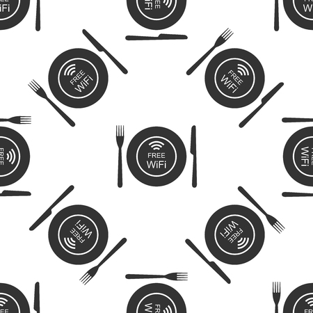 Restaurant Free Wi-Fi zone. Plate, fork and knife icon seamless pattern on white background. Flat design. Vector Illustrationのイラスト素材
