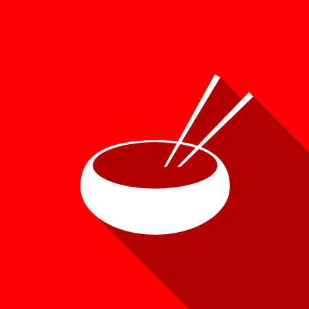 Bowl with asian food and pair of chopsticks silhouette icon isolated with long shadow. Concept of prepare, eastern diet. Flat design. Vector Illustrationのイラスト素材