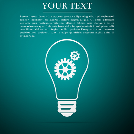 Light lamp sign icon isolated on green background. Bulb with gears and cogs working together symbol. Idea concept. Flat design. Vector Illustrationのイラスト素材