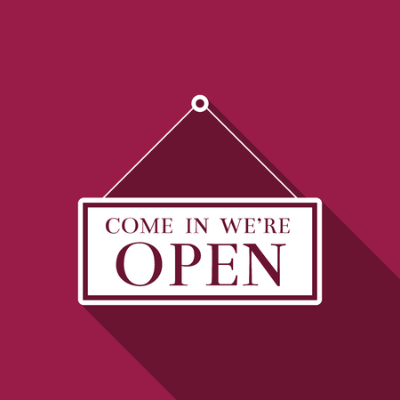 Hanging sign with text Come in we're open icon isolated with long shadow. Business theme for cafe or restaurant. Flat design. Vector Illustrationのイラスト素材