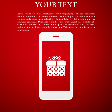 Smartphone with gift box and heart symbol on the screen icon isolated on red background. Valentine's day symbol. The online store, e-shopping, gifts phone order. Flat design. Vector Illustrationのイラスト素材