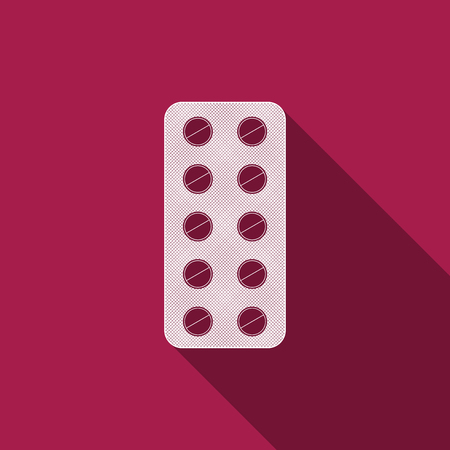 Pills in blister pack icon isolated with long shadow. Medical drug package for tablet, vitamin, antibiotic, aspirin flat design. Vector Illustrationのイラスト素材