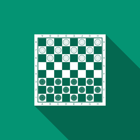 Board game of checkers icon isolated with long shadow. Ancient Intellectual board game. Chess board. White and black chips. Flat design  Vector Illustrationのイラスト素材