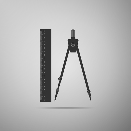 Ruler and drawing compass icon isolated on grey background. Drawing professional instrument. Geometric equipment. Education sign. Flat design  Vector Illustrationのイラスト素材