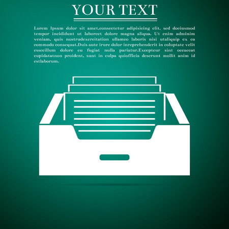 Drawer with documents icon isolated on green background. Archive papers drawer File Cabinet Drawer Office furniture Flat design Vector Illustrationのイラスト素材