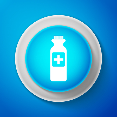 White Bottle with medical pills icon isolated on blue background. Tablets symbol. Health care. Circle blue button with white line. Vector Illustrationのイラスト素材