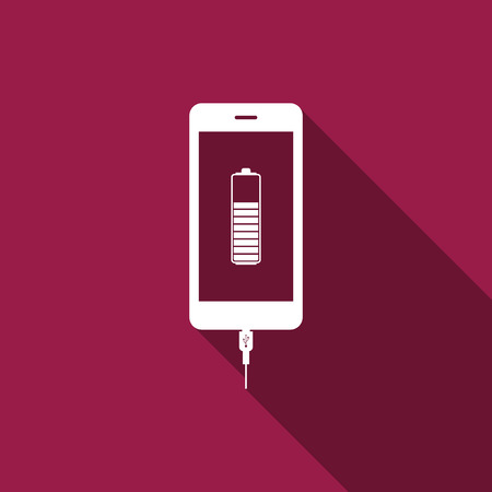 Smartphone battery charge icon isolated with long shadow. Phone with a low battery charge and with USB connection. Flat design. Vector Illustrationのイラスト素材