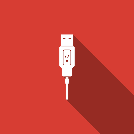 USB cable cord icon isolated with long shadow. Connectors and sockets for PC and mobile devices. Computer peripherals connector or smartphone recharge supply. Flat design. Vector Illustrationのイラスト素材