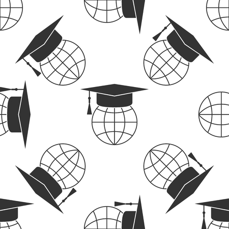 Graduation cap on globe icon seamless pattern on white background. World education symbol. Online learning or e-learning concept.のイラスト素材