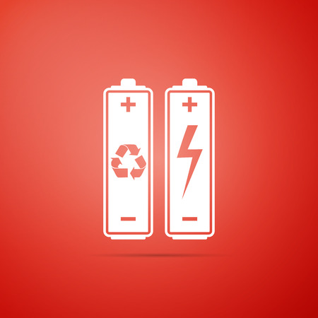 Battery with recycle symbol - renewable energy concept icon isolated on red background. Flat design. Vector Illustrationのイラスト素材
