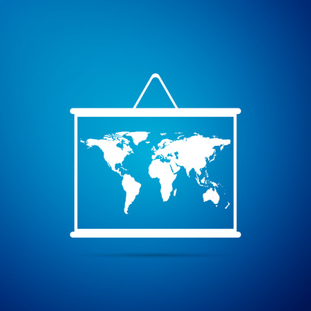 World map on a school blackboard icon isolated on blue background. Drawing of map on chalkboard. Flat design. Vector Illustrationのイラスト素材