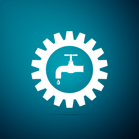 Gearwheel with tap icon isolated on blue background. Plumbing work symbol. Flat design. Vector Illustrationのイラスト素材