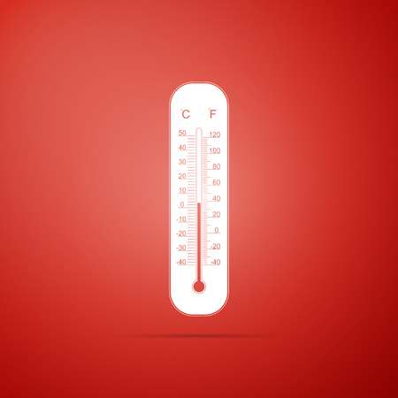 Celsius and fahrenheit meteorology thermometers measuring heat and cold icon isolated on red background. Thermometer equipment showing hot or cold weather. Flat design. Vector Illustrationのイラスト素材
