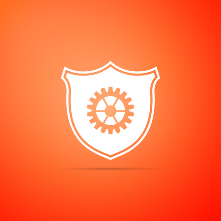 Shield with gear icon isolated on orange background. Flat design. Vector Illustrationのイラスト素材