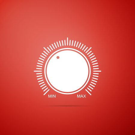 Dial knob level technology settings icon isolated on red background. Volume button, sound control, music knob with number scale, analog regulator. Flat design. Vector Illustrationのイラスト素材