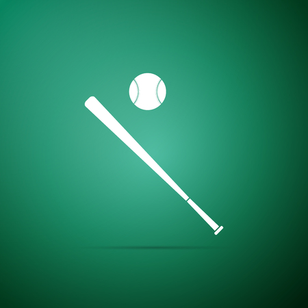 Baseball ball and bat icon isolated on green background. Flat design. Vector Illustrationのイラスト素材