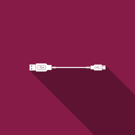 USB Micro cables icon isolated with long shadow. Connectors and sockets for PC and mobile devices. Computer peripherals connector or smartphone recharge supply. Flat design. Vector Illustrationのイラスト素材