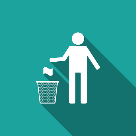 Man throwing trash into dust bin icon isolated with long shadow. Recycle symbol. Trash can sign. Flat design. Vector Illustrationのイラスト素材