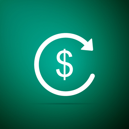 Refund money icon isolated on green background. Financial services, cash back concept, money refund, return on investment, savings account, currency exchange. Flat design. Vector Illustrationのイラスト素材