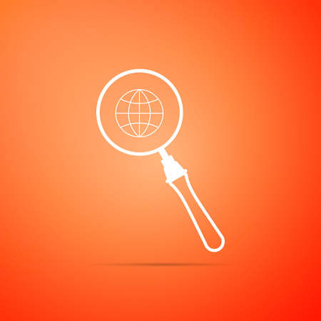 Magnifying glass with globe icon isolated on orange background. Analyzing the world. Global search sign. Flat design. Vector Illustrationのイラスト素材
