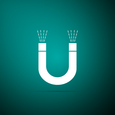 Magnet icon isolated on green background. Horseshoe magnet, magnetism, magnetize, attraction. Flat design. Vector Illustrationのイラスト素材