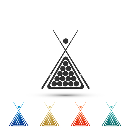 Billiard cue and balls in a rack triangle icon isolated on white background. Set elements in colored icons. Flat design. Vector Illustrationのイラスト素材