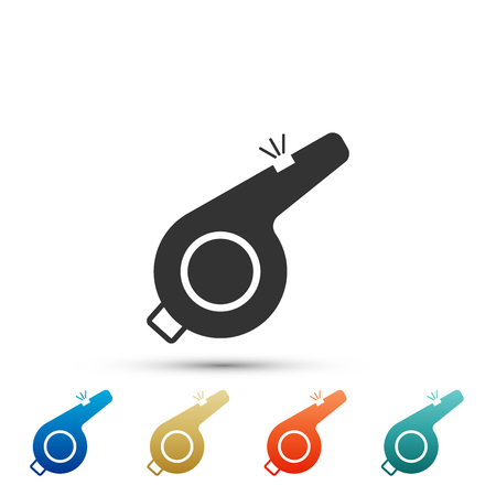 Whistle icon isolated on white background. Referee symbol. Fitness and sport sign. Set elements in colored icons. Flat design. Vector Illustrationのイラスト素材