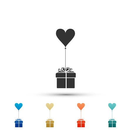 Gift with balloon in shape of heart icon isolated on white background. Valentine's day, wedding, birthday card. Set elements in colored icons. Flat design. Vector Illustrationのイラスト素材