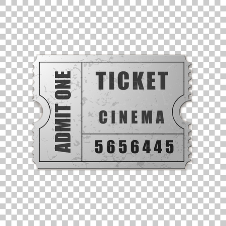 Realistic silver cinema ticket isolated object on transparent background. Cinema, theater, concert, movie, performance, party, event festival ticket template. Admit one. Vector Illustrationのイラスト素材