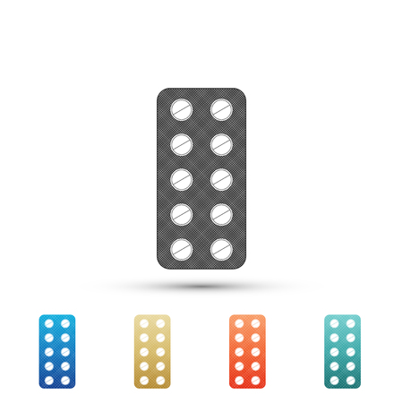 Pills in blister pack icon isolated on white background. Medical drug package for tablet: vitamin, antibiotic, aspirin. Set elements in colored icons. Flat design. Vector Illustrationのイラスト素材