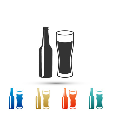 Beer bottle and glass icon isolated on white background. Alcohol Drink symbol. Set elements in colored icons. Flat design. Vector Illustrationのイラスト素材