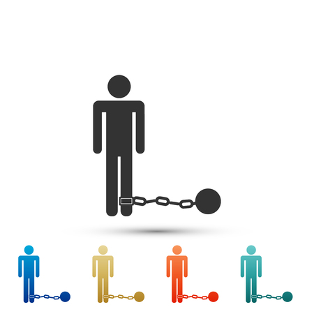 Prisoner with ball on chain icon isolated on white background. Set elements in colored icons. Flat design. Vector Illustrationのイラスト素材