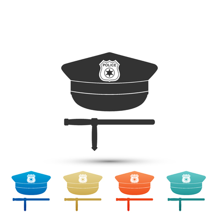 Police cap and rubber baton icon isolated on white background. Security truncheons. Police stick. Policeman uniform. Set elements in colored icons. Flat design. Vector Illustrationのイラスト素材