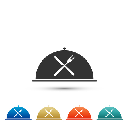 Cloche with crossed fork and knife icon isolated on white background. Restaurant symbol. Set elements in colored icons. Flat design. Vector Illustrationのイラスト素材