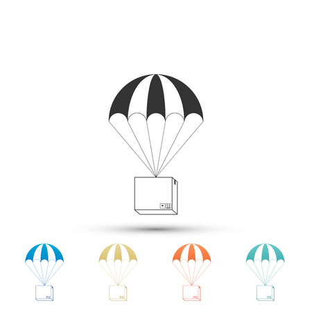 Box flying on parachute icon isolated on white background. Parcel with parachute for shipping. Delivery service, air shipping concept, bonus concept. Colored icons. Flat design. Vector Illustrationのイラスト素材