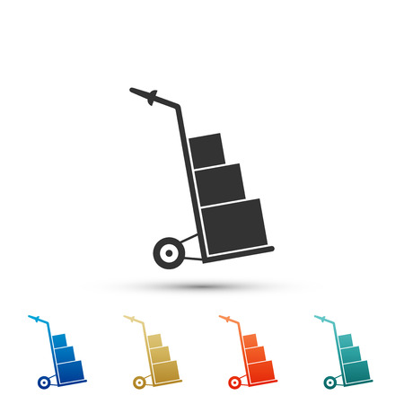 Hand truck and boxes icon isolated on white background. Dolly symbol. Set elements in colored icons. Flat design. Vector Illustrationのイラスト素材