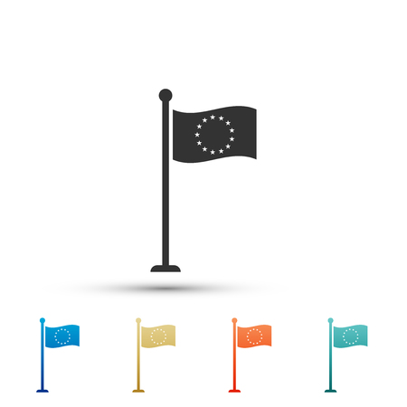Flag of European Union icon isolated on white background. EU circle symbol. Waving EU flag on a metallic pole. Set elements in colored icons. Flat design. Vector Illustrationのイラスト素材