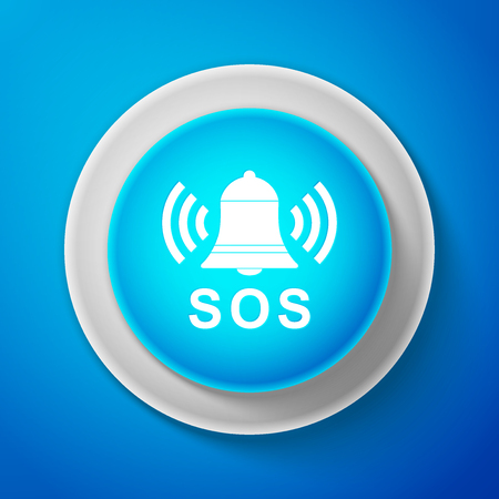 White Alarm bell and SOS lettering icon isolated on blue background. Warning bell, help sign. Emergency SOS button. Circle blue button with white line. Vector illustrationのイラスト素材