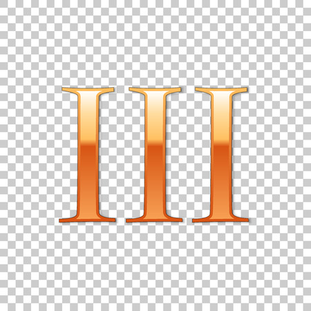 Golden Roman numeral number 3, III, three in alphabet letter isolated on transparent background. Ancient Rome numeric system. Vector Illustrationのイラスト素材