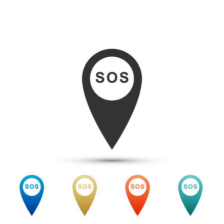 Marker location with SOS icon isolated on grey background. SOS call location marker. Map pointer sign. SOS pinpoint sign with text. Set elements in colored icons. Flat design. Vector Illustrationのイラスト素材